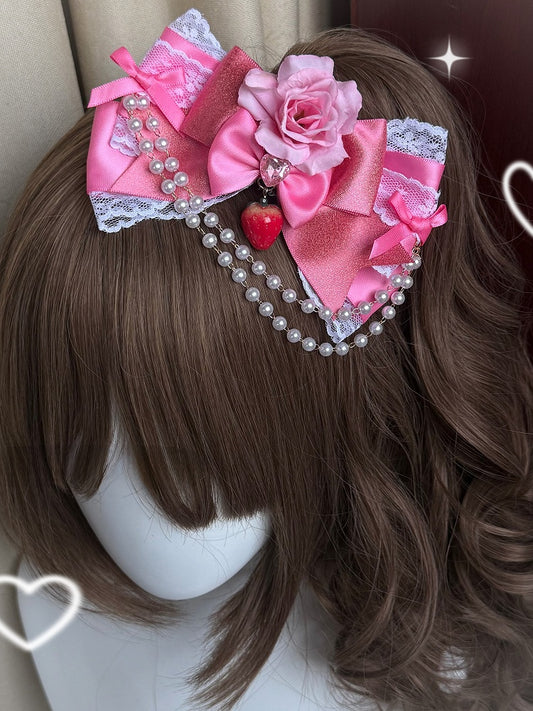 Light/Dark Pink Beaded Charm Floral Design Bowknot Hairclip