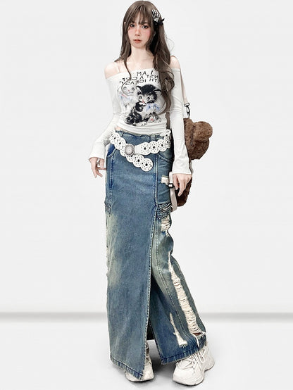 White Y2K Bittersweet Letter And Cat Print Off-the-shoulder Neckline Top