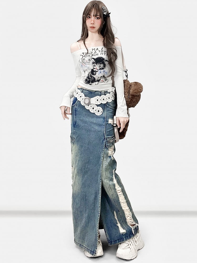 Blue Distressed Holes Details Slit Denim Skirt