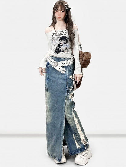 Blue Distressed Holes Details Slit Denim Skirt