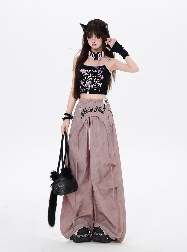 Dusty Pink Drawstring Waist Wasteland Punk Pants with Asymmetrical Waist Accessory