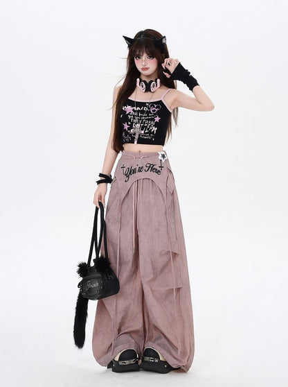 Dusty Pink Drawstring Waist Wasteland Punk Pants with Asymmetrical Waist Accessory