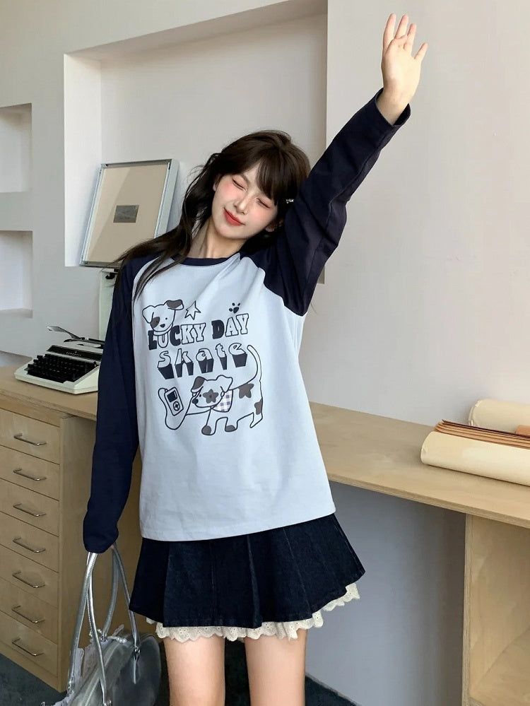 White/Blue Colorblock Design Adorable Puppy Print Loose Top