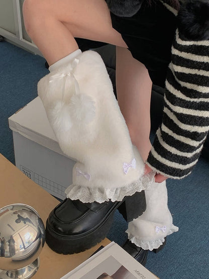 White Sweet Bowknot Lace Trim 20CM/30CM Plush Leg Warmers With Pompons