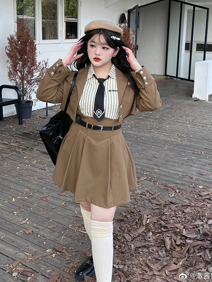Plus Size - Coffee Preppy High Waist Overalls Suspender Skirt