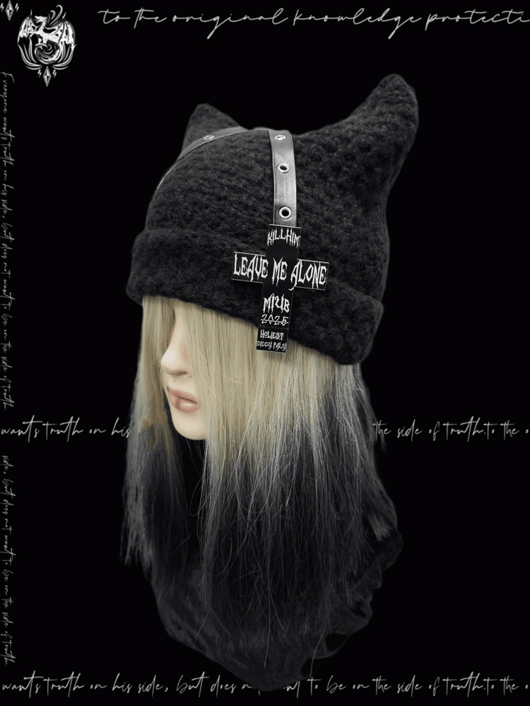Punk Black Cat Ears Design Criss-cross Straps Cross Accent Glamorous Beanie