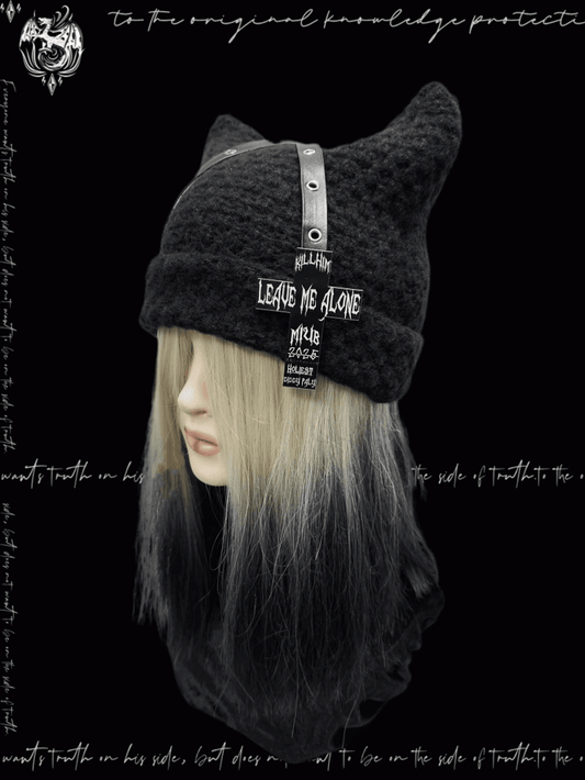 Punk Black Cat Ears Design Criss-cross Straps Cross Accent Glamorous Beanie