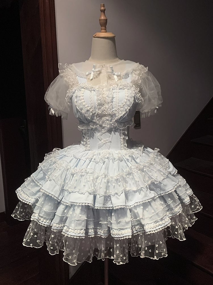 Heart Polka-dot Pattern Ruffled Heart Front Blue Hanayome Lolita Dress Hime Lolita JSK