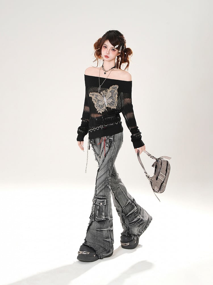 Raw Hem Denim Butterfly Applique Black Off-the-shoulder Neckline Coverup
