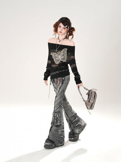 Raw Hem Denim Butterfly Applique Black Off-the-shoulder Neckline Coverup