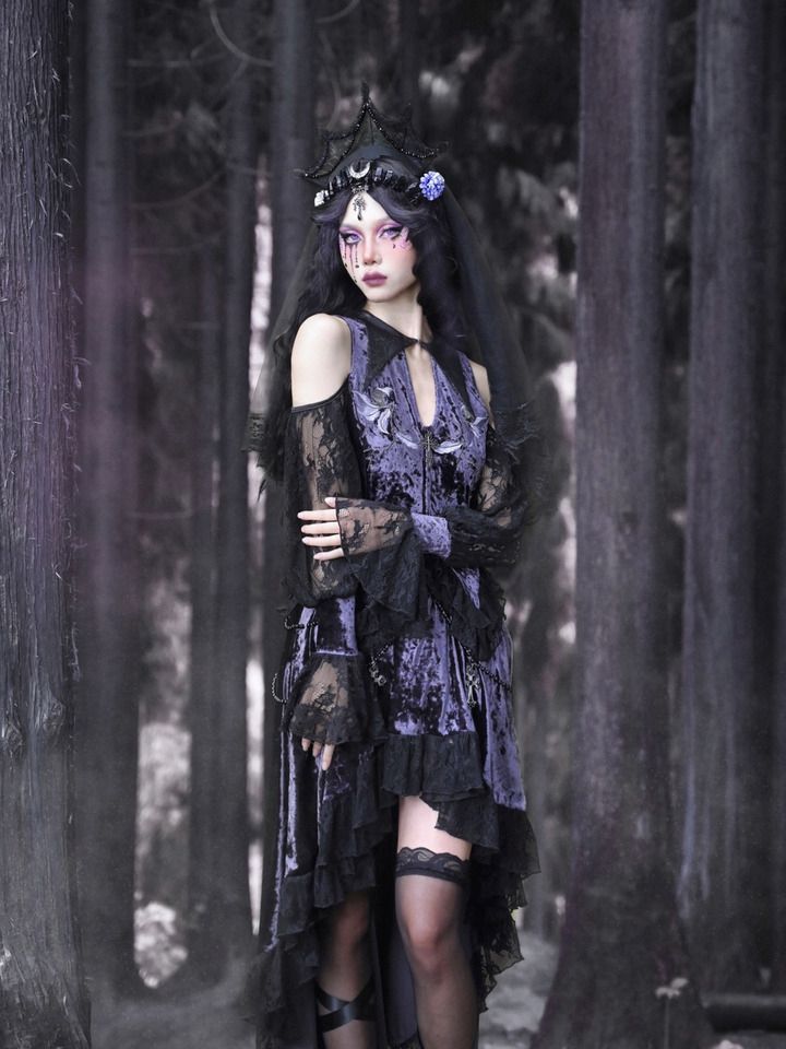 Gothic Velvet Embroidered Open Shoulder Top Double Layered Lace Hem