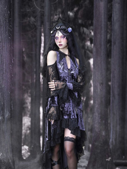 Gothic Velvet Embroidered Open Shoulder Top Double Layered Lace Hem