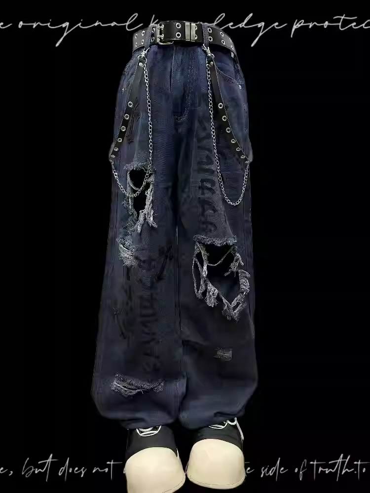 Blue Distressed Holes Raw Hem Punk Jeans