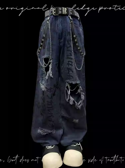 Blue Distressed Holes Raw Hem Punk Jeans