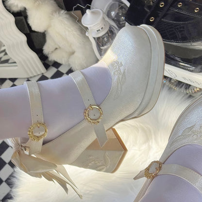 White Satin Detachable Bowknot Lily of the Valley Embroidery Middle Heels Mary Janes
