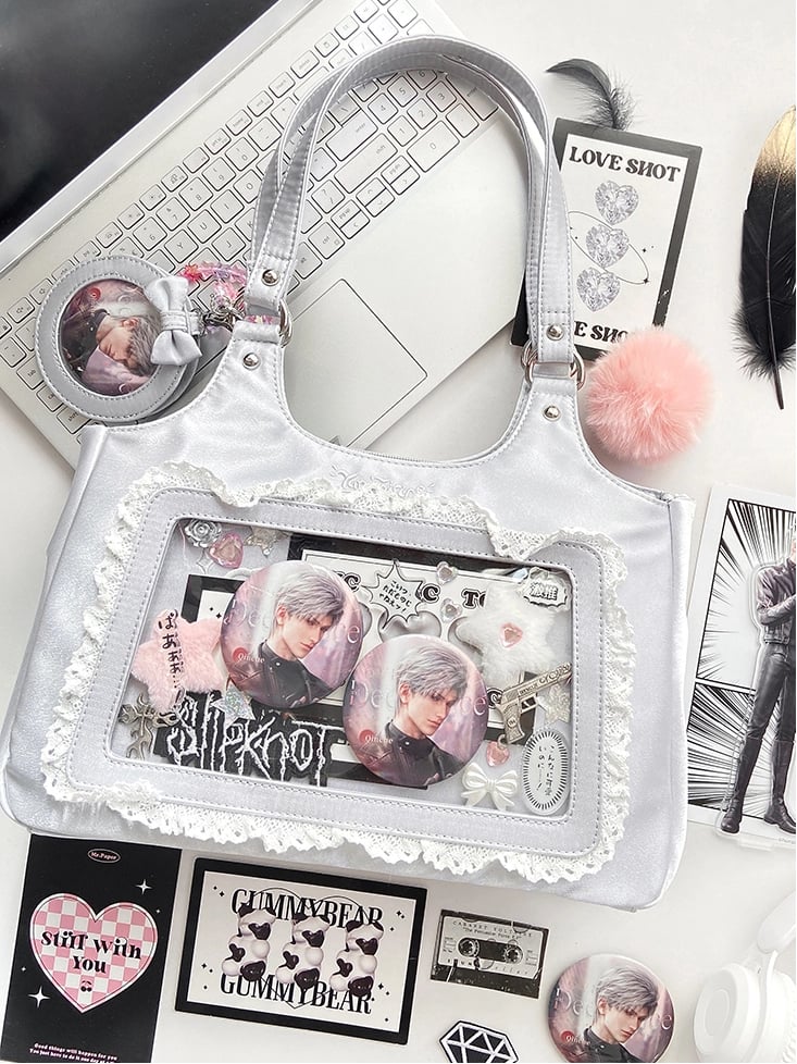 Silver Satin Lace Trim Daily Ita bag - Comes with Card Holder Charm