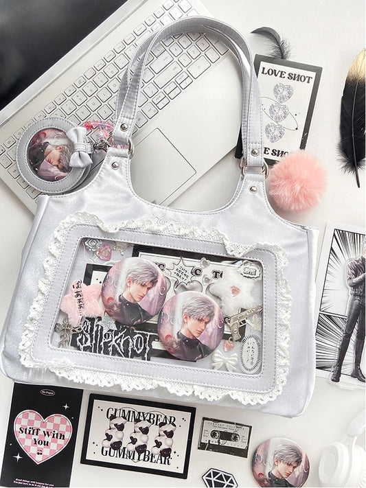Silver Satin Lace Trim Daily Ita bag - Comes with Card Holder Charm