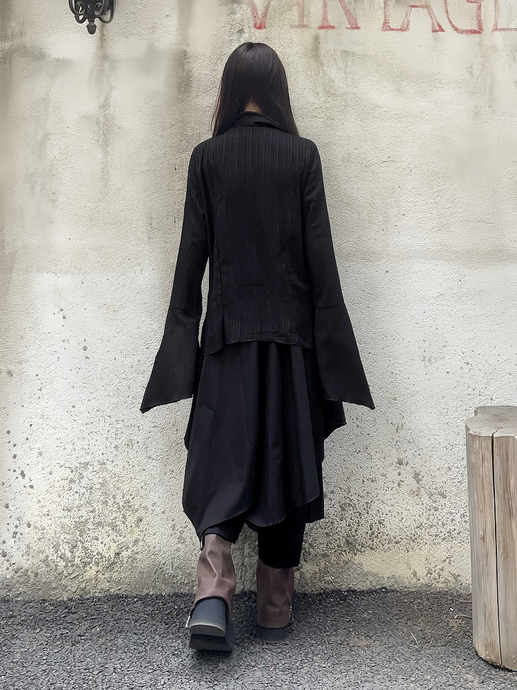 Black Notched Collar Bell Sleeves Punk Appliques Asymmetrical Shirt