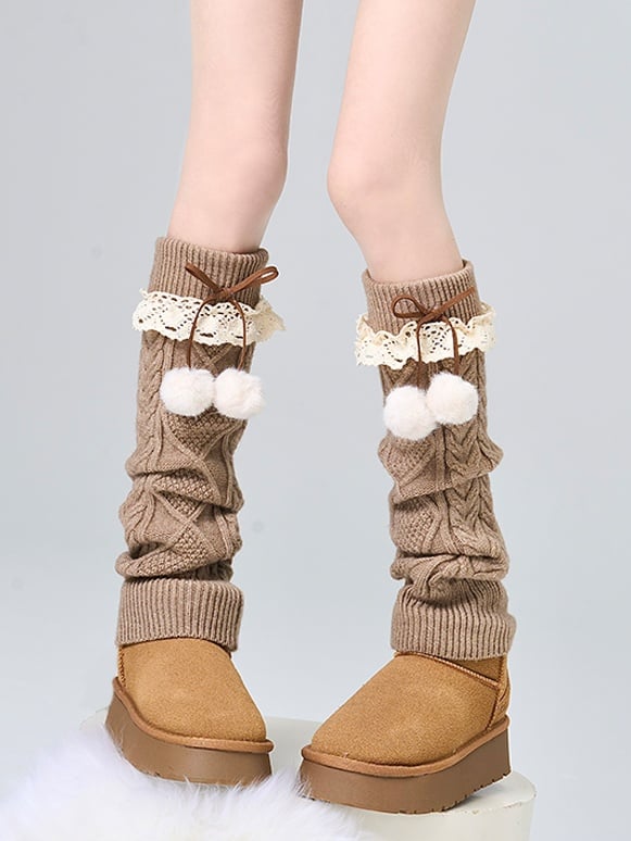 Camel Lace Trim Bowknot Knitted Leg Warmers With Pompons