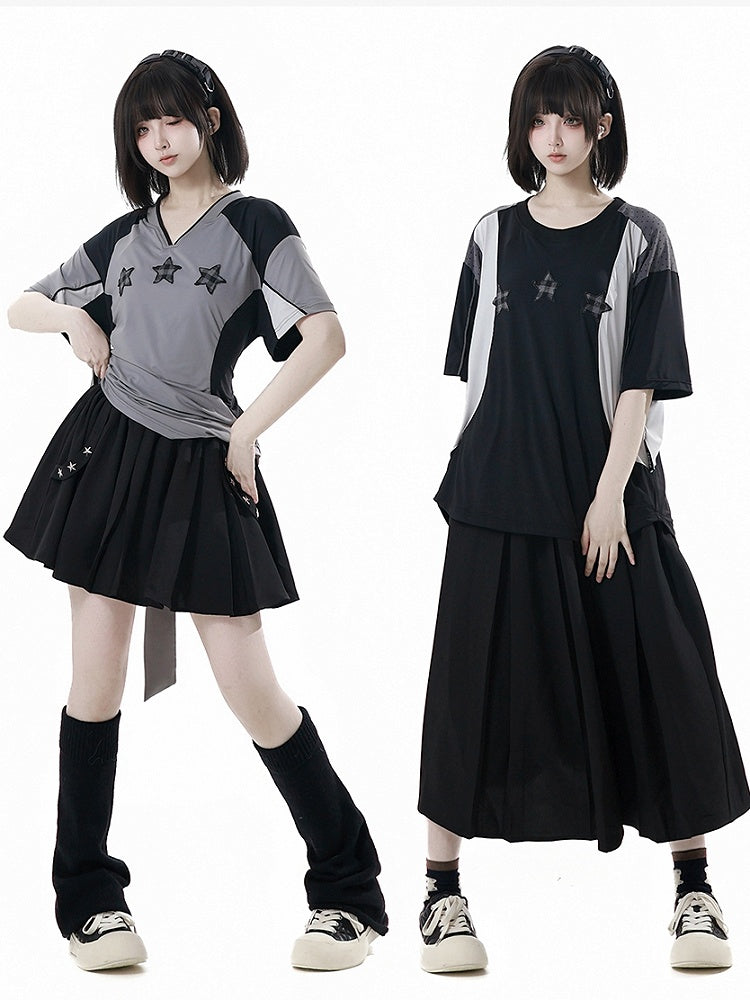 Black Elastic Waist Star Studs Skirt Long/Short Version