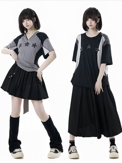 Black Elastic Waist Star Studs Skirt Long/Short Version