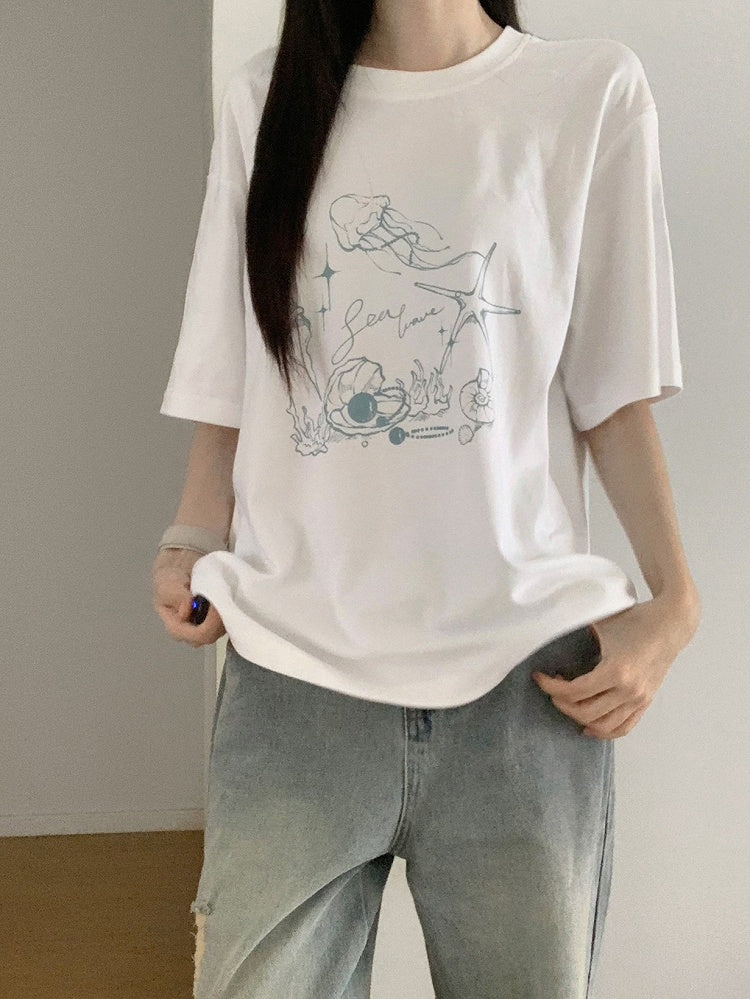 Seashell and Jellyfish Print White Round Neck T-shirt Regular/Short Version