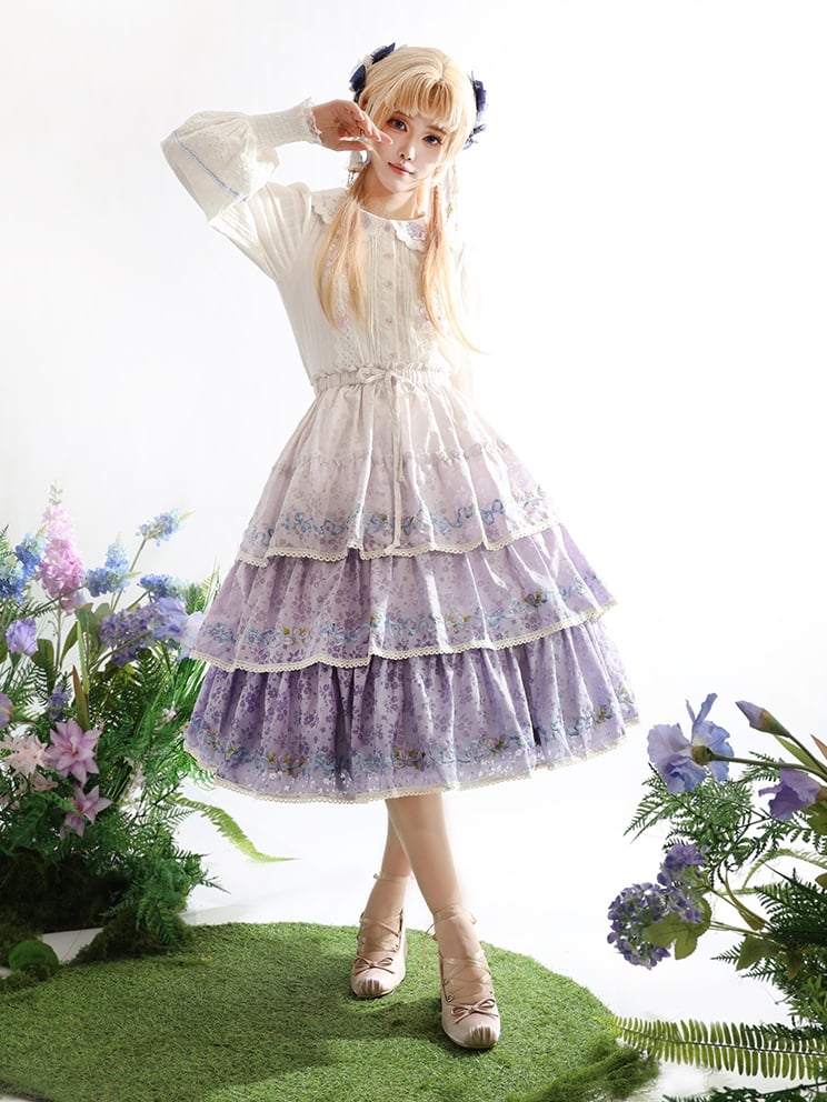 Ombre Violet Delicate Iris Embroidery Tiered Skirt