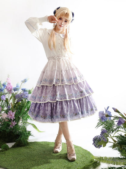 Ombre Violet Delicate Iris Embroidery Tiered Skirt
