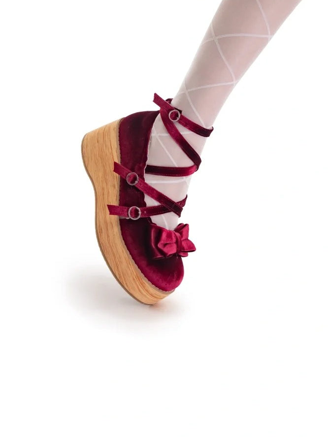 Velvet Wine Red Sweet Lolita Platform Mary Janes - Bow Accents & Crisscross Straps