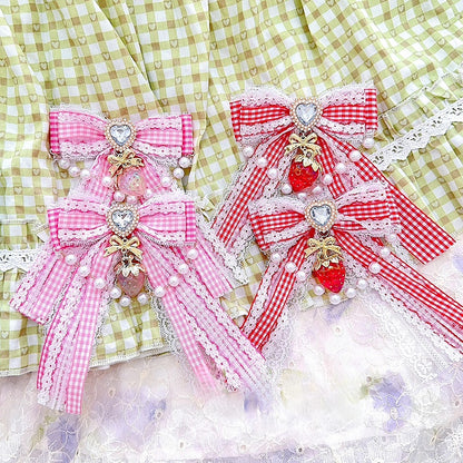 4 Color Options Plaid Pattern Strawberry And Beaded Charm Rhinestone Heart Decorated Hairclips
