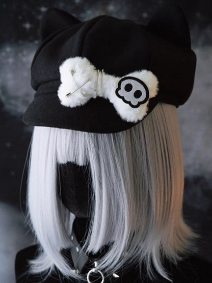 Black Gothic Skeleton Applique Pin Decorated Plush Bone Design Cat Ear Beret Hat