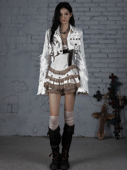 White Wasteland Punk Studs And Buckle Decorated Cropped Jacket