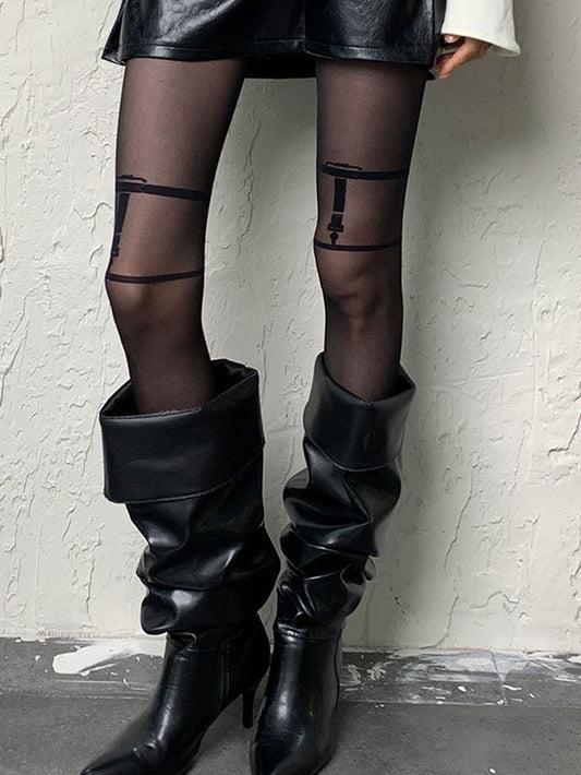 Black Y2K Punk Buckle Print Design Tights