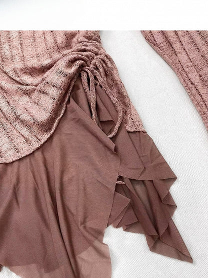 Reddish Brown Millard Fashion Letter Print Striped Pattern Asymmetrical Hem Top + Scarf