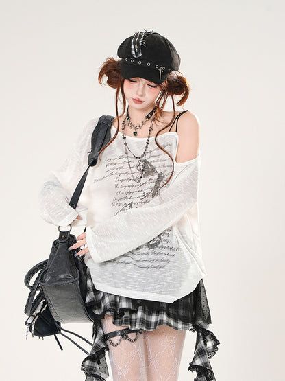 Butterfly Print Asymmetrical Neckline Khaki/White Semi-sheer Coverup