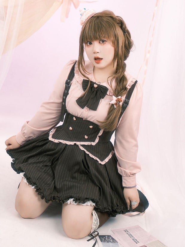 Plus Size Black Striped Ruffled Trim Set: Overall Skirt with Adjustable Straps & Elastic Waist Bloomers