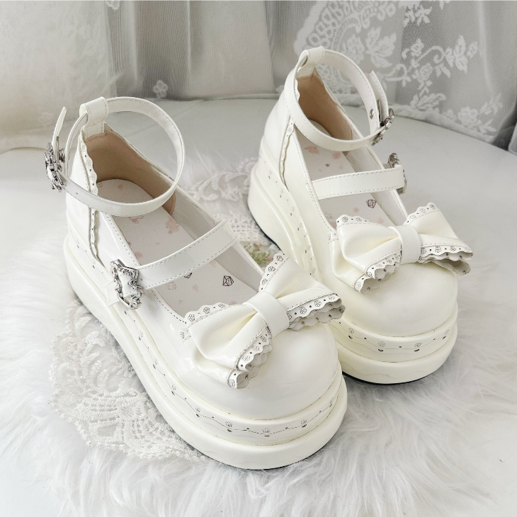 Lolita Cute White Bowknot Cake Pattern Buckle Straps Platform Shoes