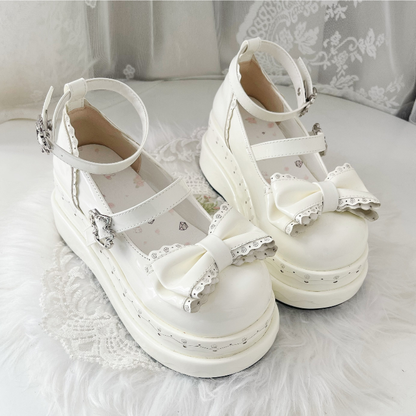 Lolita Cute White Bowknot Cake Pattern Buckle Straps Platform Shoes