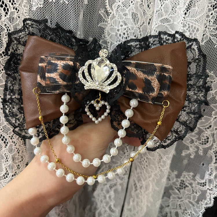 Black&Brown Leopard Pattern Rhinestone Crown Decorated Beaded Charm Lace Trim Bowknot Hairclip
