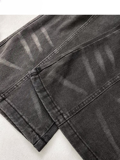 Millard Fashion Vintage Black Wasteland Punk Distressed Design Flared Jeans with Cargo Pockets