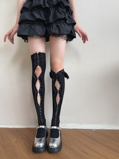White/Black Ruffle Trim Overknee Stockings