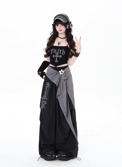 Black / Pink Low Waist Loose Fit Cargo Pants with Detachable Waist Accessory