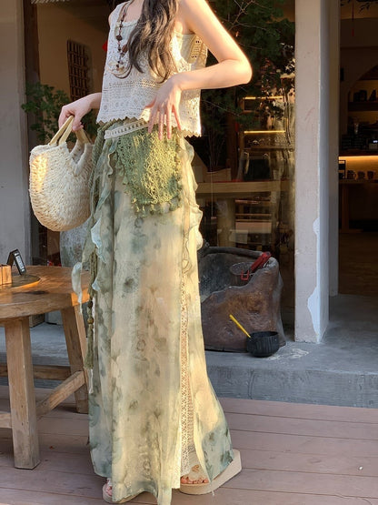 Mori Kei Green Tie Dye Wide-Leg Pants with Detachable Knitted Accessory Regular/Short Version