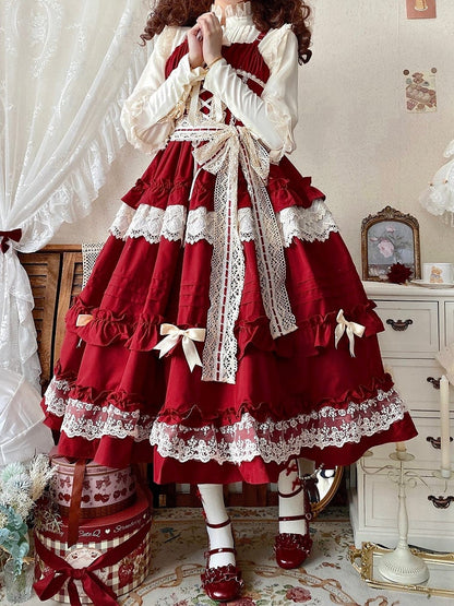 Red Adjustable Straps Pink House Style Dress Ruffle Skirt Lolita Jumper Skirt