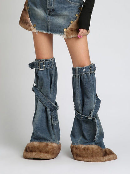 Blue Buckle Straps Flared Denim Leg Warmers