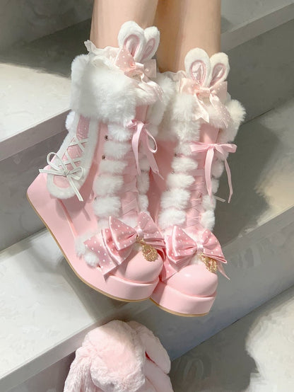 Sweet Strawberry Pink Lolita Boots - Bunny Details & Plush Cuff with Polka-dot Pattern Top Bow
