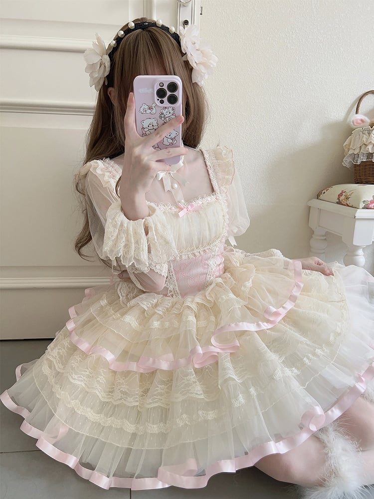 Pink Bows Print Basque Waist Balletcore Lolita Jumper Skirt