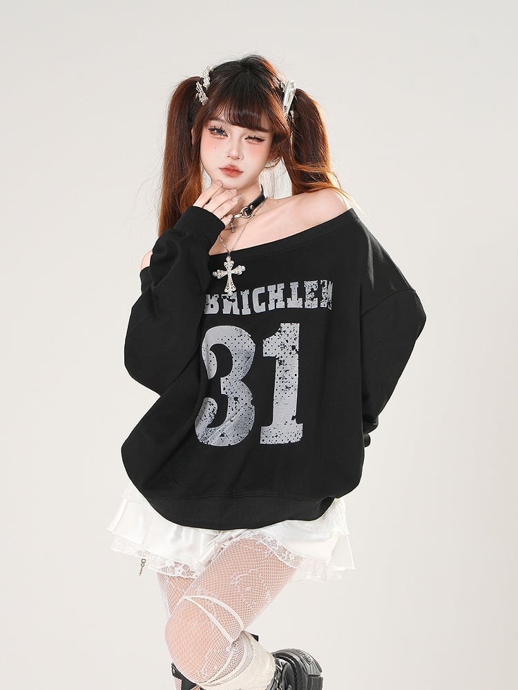 Black/White Off-the-shoulder Neckline Number Print Summer Sweatshirt