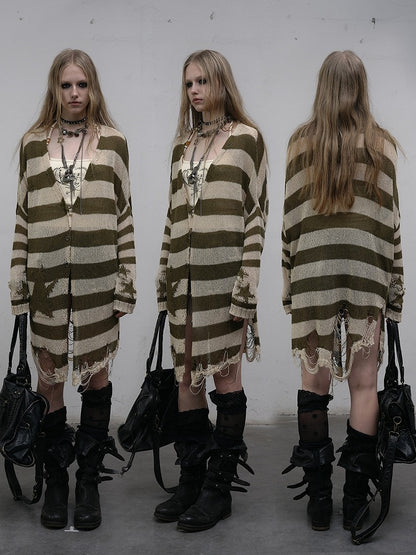 Green Wasteland Punk Striped Pattern Cardigan