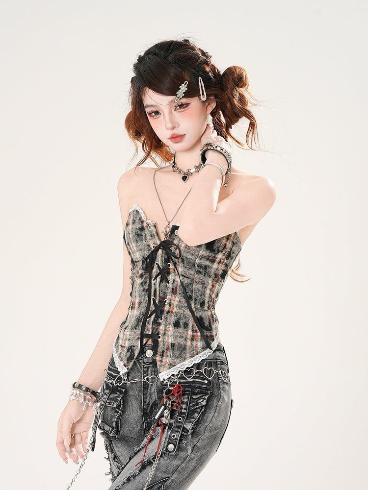 Brown/Blue Leopard and Plaid Pattern Lace-up Front Lace Trim Strapless Top